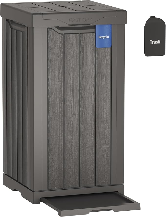 EAST OAK 31 Gallon Outdoor Trash Can | Waterproof Resin Garbage Can with Recycle and Garbage Labels | Secure Bag Lip Lock and Drip Tray | Outside Trash Bin for Patio | Kitchen, Backyard or Deck | Gray by EASTOAK