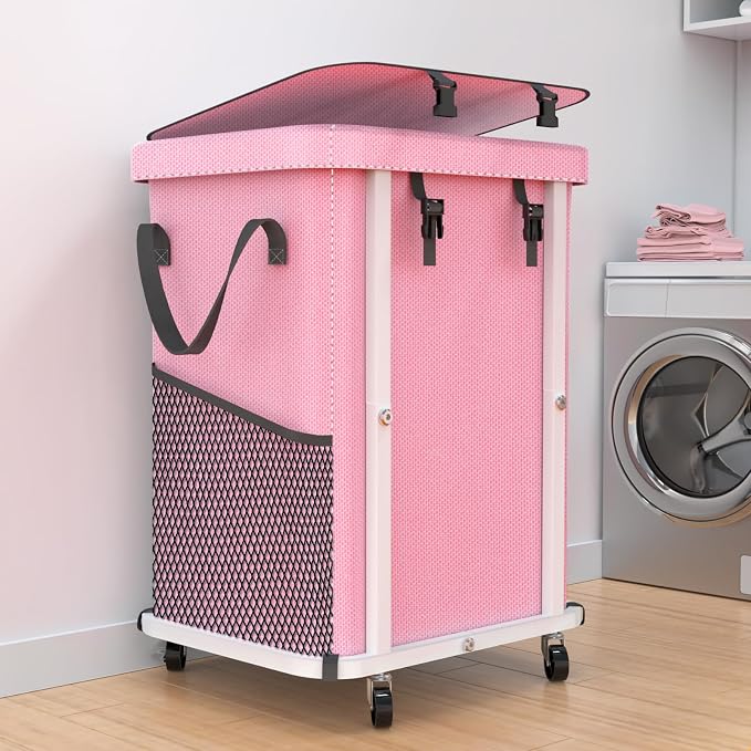 40 Gal(150L) High Grade Large Laundry Basket with Wheels, Rolling Laundry Hamper, Laundry Cart with Metal Frame and Removable Bag Design, Suitable for Laundry Room, Bedroom (Pink, 150L) by Unlockyourhomestoragelife