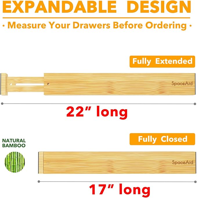SpaceAid 4 Pack Bamboo Drawer Dividers with Labels, Kitchen Adjustable Drawer Organizers, Expandable Organization for Home Clothes Dressers (17-22 in, Natural) - Image 3