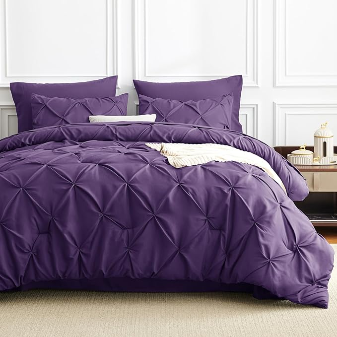 CozyLux Full Size Comforter Sets Purple, 7 Pieces Pintuck Bed in A Bag Purple Comforter Full Size, Pinch Pleat Bedding Sets with All Season Comforter, Sheets, Pillowcases & Shams