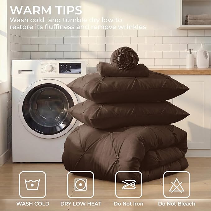 Sasttie Twin Comforter Set, 5-Piece Bed in a Bag, Pintuck Bedding Sets for All Season, Includes Comforter, Flat Sheet, Fitted Sheet, Pillowcase and Pillowsham, Dark Brown