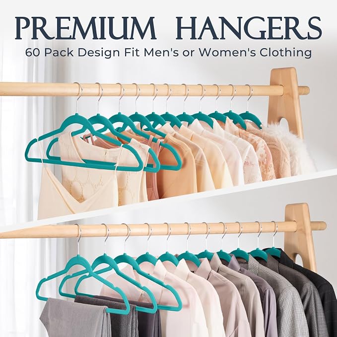 HOUSE DAY Mint Green Velvet Hangers 60 Pack, Non Slip Clothes Felt Hanger Heavy Duty for Coat, Premium Slim Space Saving Suit Hangers for Closet Organizer, 360° Rotating Silver Hook - Image 8