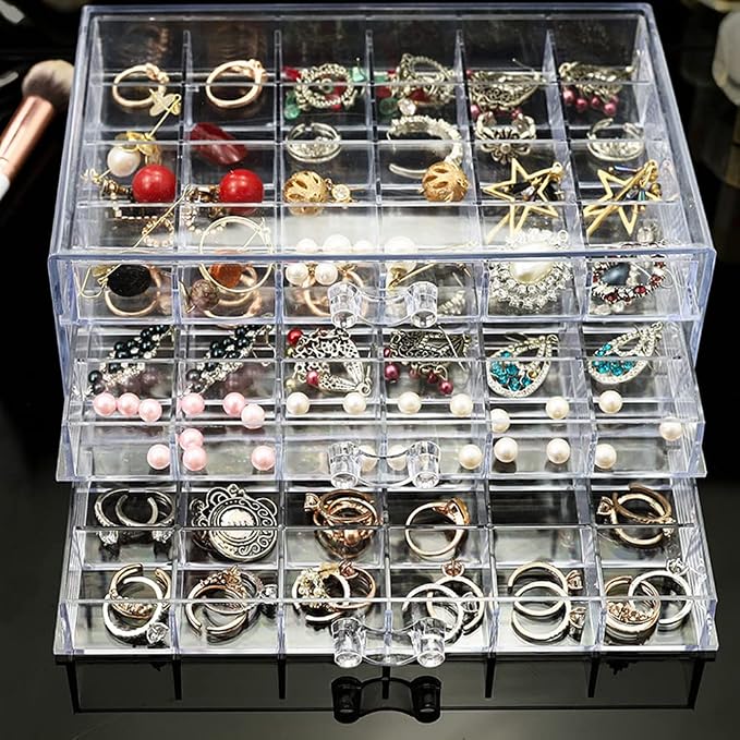 YUFONG Earring Storage Box Organizer 3 Drawers Acrylic Jewelry Storage Box Holder Transparent Jewelry Display Stand with 72 Small Compartments Gift for Women Girls (Clear) - Image 2