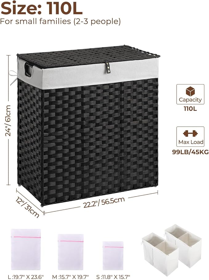 Greenstell Laundry Hamper with lid, No Install Needed, 110L Wicker Laundry Baskets Foldable 2 Removable Liner Bags, 2 Section Clothes Hamper Handwoven Rattan Laundry Basket with Handle, Black - Image 8