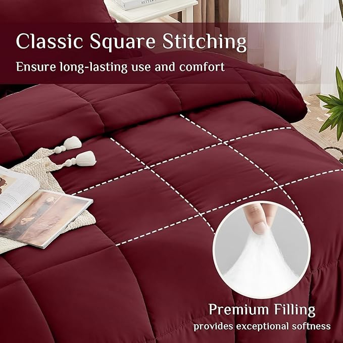 JOLLYVOGUE Twin Comforter Set, Ultra-Soft Bed in a Bag Twin Size 5 Pieces, Oeko-TEX Certified Bedding Set with Down Alternative Comforter, Sheets, Pillowcases & Shams, Burgundy