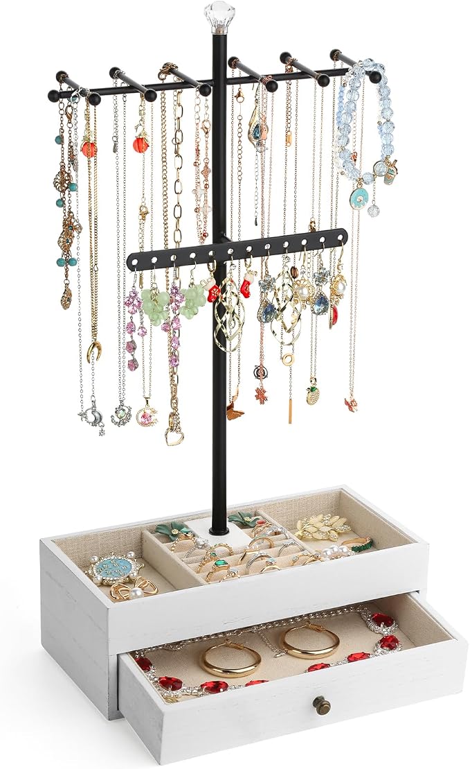 Meangood Jewelry Organizer Stand, 3-Tier Necklace Holder Jewelry Tree with Wooden Storage Drawer Box for Necklace Bracelet Earring Ring,White by Meangood