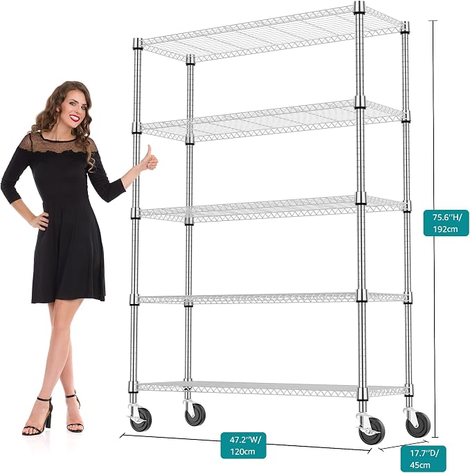 M MZG 1750LBS 47.2" W 5 Tiers Storage Shelves Metal Shelving Unit with Wheels Heavy Duty Garage Shelving Adjustable Wire Shelves for Pantry,Kitchen,Garage,Basement,Chrome 17.7" D x 47.2" W x 76.8" H - Image 3