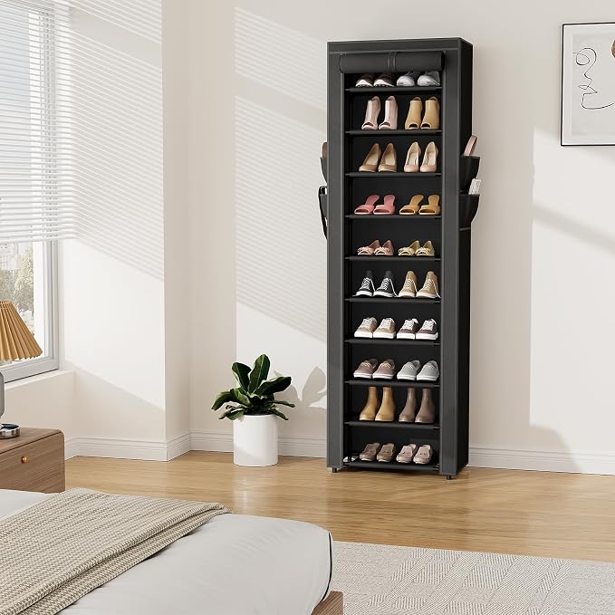 VTRIN Vertical Narrow Shoe Rack Organizer 10 Tier Tall Shoe Shelf Holds 20-22 Pairs with Non-Woven Dustproof Cover for Closet, Entryway Black - Image 8