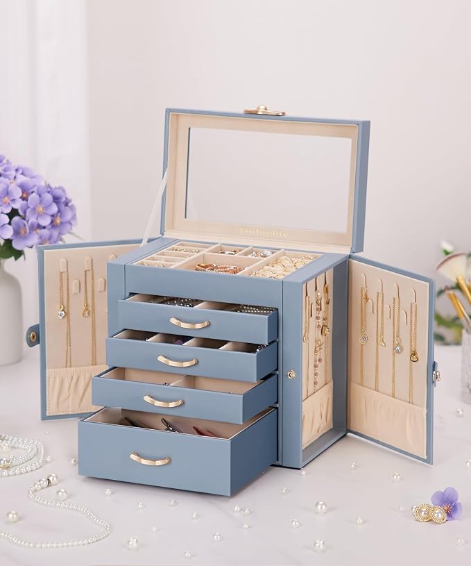 Enthralite Jewelry Box with 4 Drawers: Display Organizer for Earrings Necklaces - Gifts for Girls Women (Grey Blue) - Image 8