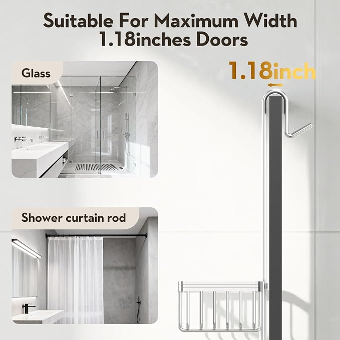 Over the Door Shower Caddy Hanging With Double Soap Holder Never Rust Aluminum Shower Shelf With 4 Hooks Hanging Bathroom Organizer No Drilling Shelves for Bathroom Storage Silver - Image 8