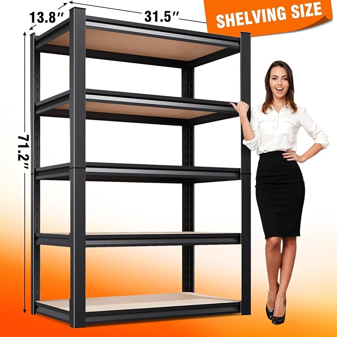 2Pack Storage Shelves, 2500lbs Garage Shelving,Adjustable Heavy Duty Shelving Unit,5T Tall Garage Shelves，Wood Metal Standing Shelf Units,Utility Rack for Kitchen 71.2''H*31.5''W*13.8''D - Image 2