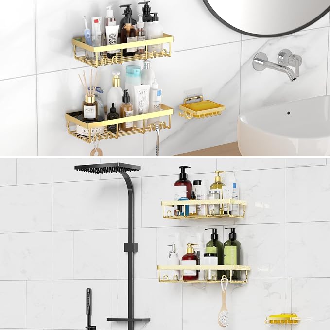 Moforoco 3-Pack Shower Caddy Basket Shelf with Soap Holder, No Drilling Traceless Adhesive Shower Wall Shelves, Rustproof Gold Bathroom Shower Storage Organizer - Image 8
