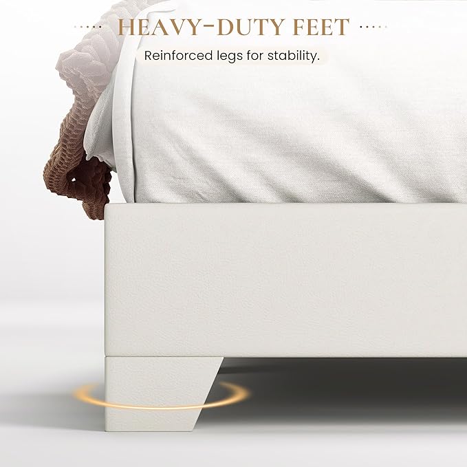 SHA CERLIN Full Size Bed Frame with Adjustable Headboard, Faux Leather Upholstered Platform Bed with Wood Slats, Stable Mattress Foundation,No Box Spring Needed, Off-White