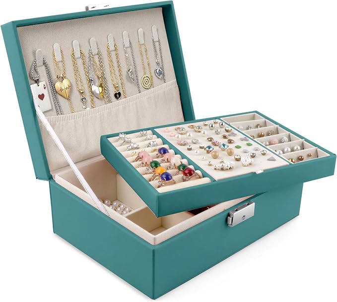 Homeanda Jewelry box 2 layer Jewelry box Leather Jewelry boxes for Women Girls Teens Jewelry organizer box Jewelry Storage box with lock(Green) by Homeanda