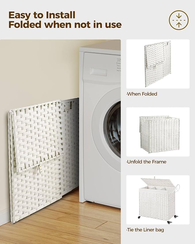 Greenstell Laundry Hamper with Wheels&Lid,130L Large 3 Sections Clothes Hamper with 2 Types Removable Liner Bags, 5 Mesh Laundry Bags, Handwoven Divided Laundry Basket White - Image 7
