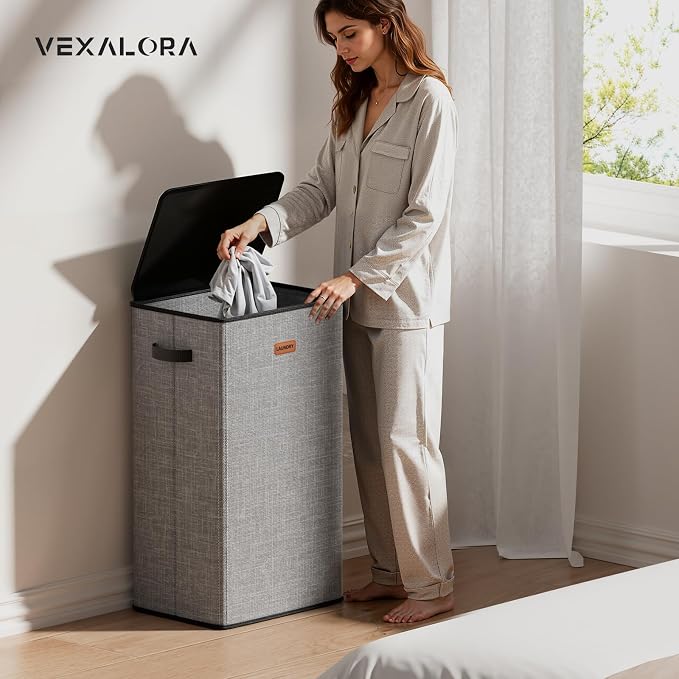 100L Laundry Hamper with Lid, Large Clothes Hampers with Removable Bag, Collapsible Laundry Basket for Bathroom, Bedroom, Laundry Room, Dorm, Grey - Image 2