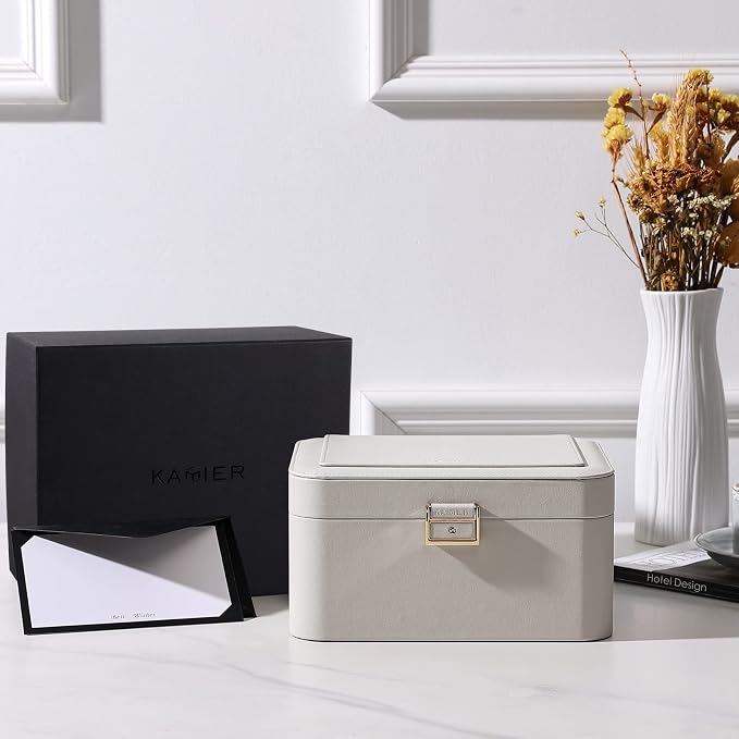 KAMIER Jewelry Box, 2 Layers PU Leather Jewelry Organizer Box, Large Capacity, Double Lock and Large Mirror, Hidden Necklace Hooks, Removable Dividers, Grey - Image 4