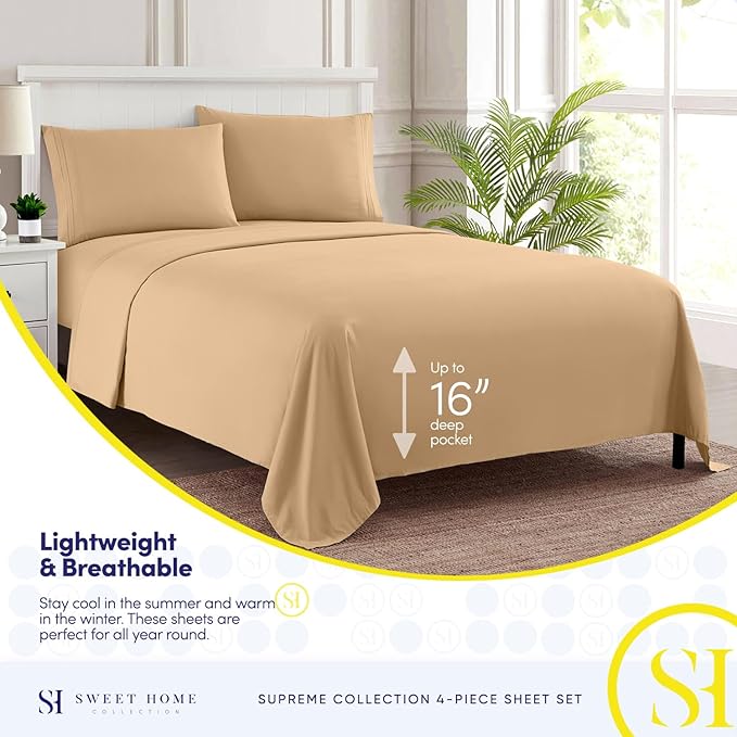 RV Queen Bed Sheets - Breathable Luxury Sheets with Full Elastic & Secure Corner Straps Built In - 1800 Supreme Collection Extra Soft Deep Pocket Bedding Set, Sheet Set, RV Short Queen, Camel