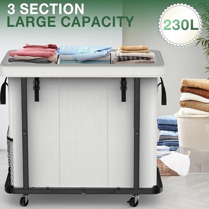60 Gal(230L) High Grade Large Laundry Basket with Wheels, Rolling Laundry Hamper, Laundry Cart with Metal Frame and Removable Bag Design, Suitable for Laundry Room,Bedroom (White, 3 Section 230L) - Image 2
