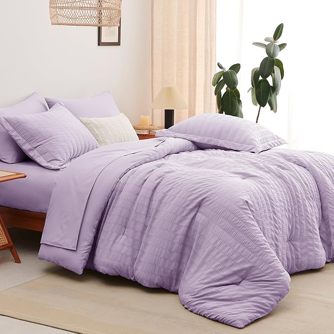 CozyLux Full Size Comforter Sets with Sheets 7 Pieces, Light Purple Seersucker Bed in a Bag Textured Luxury Soft Bedding Sets with Down Alternative Comforter, Sheets, Pillowcases & Shams, Lavender