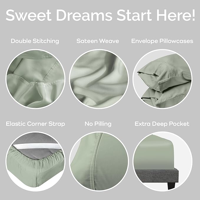 Viscose Bamboo Sheets Queen Size 4PC Set - Cooling Bedding for Hot Sleepers with Moisture Wicking Technology - Silky Soft 18 Inch Deep Pocket - Sage 60"x 80"