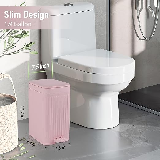rejomiik Small Bathroom Trash Can with Lid Slim Soft Close Garbage Can Step Wastebasket Container Trash Bin for Office Bedroom Kitchen Living Room 1.9 Gallon Pink - Image 2
