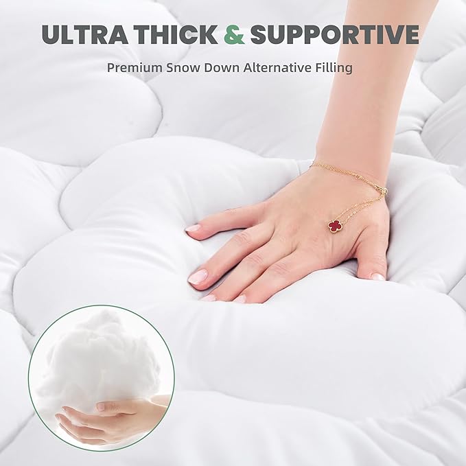 BDEUS TwinXL Mattress Pad, Extra Thick 1450GSM Mattress Topper, Four Leaf Clover Soft Mattress Protector Cover with 21" Deep Pocket for Back Pain Relief, 3D+7D Down Alternative Fill Overfilled, White