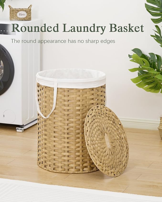 SETVSON Laundry Basket with Lid Round Rattan Laundry Hamper with Lid and Handles 29.1 Gal (110 L) Handwoven Woven Basket with Removable Bags and 2 Mesh Bags for Bathroom Living Room Natural - Image 2