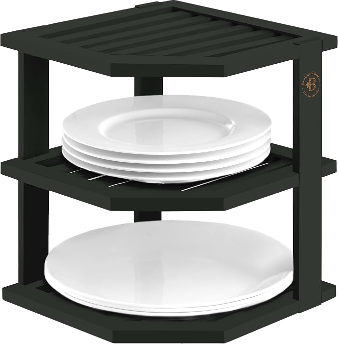 Bambüsi Plate Organizer for Cabinet - Corner Cabinet Organizer and Kitchen Cabinet Organizer Shelf, Kitchen Countertop Organizer for Plates, Dishes and Bowls, Space Saving Corner Rack, Black by Bamb%C3%BCsi