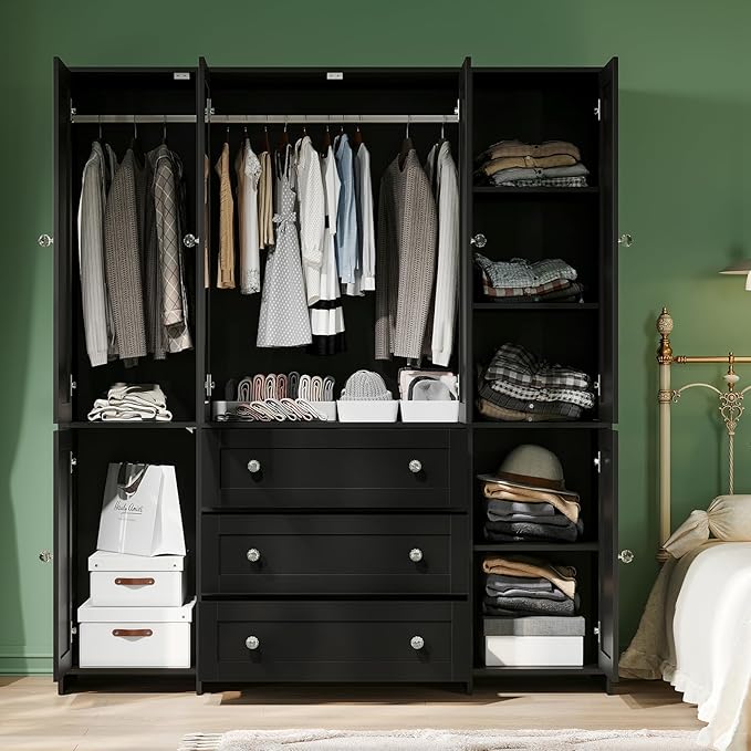 VOWNER Armoire Wardrobe Closet with Drawers and Mirror, 71" Clothing Storage Cabinet with Hanging Rod, 6 Doors Wooden Wardrobe Cabinet for Bedroom, Large Capacity Storage