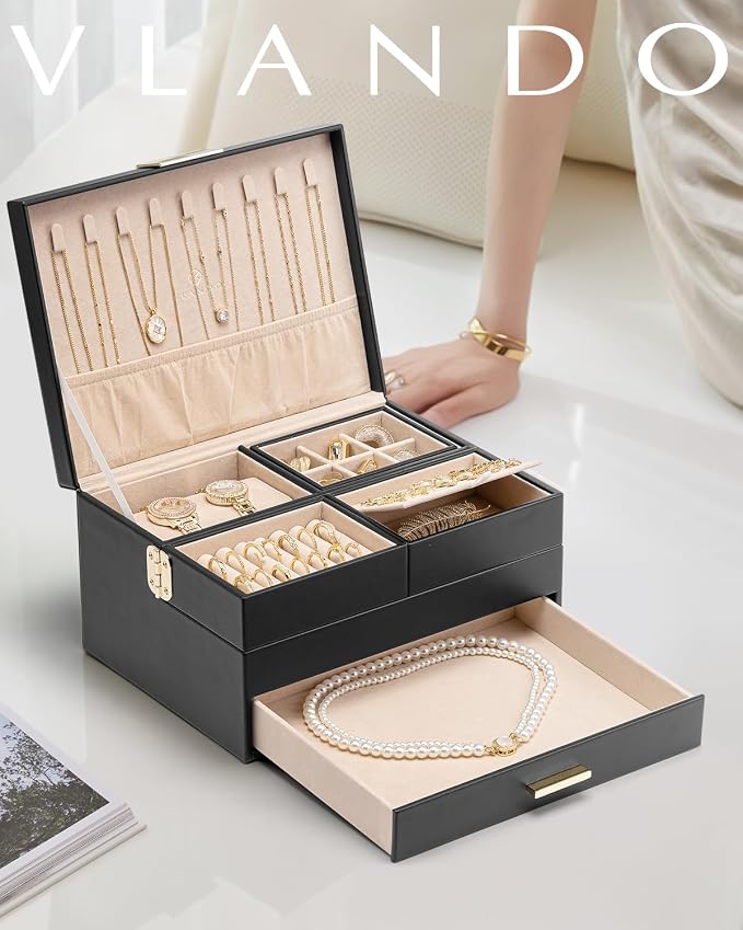 Vlando 3 Layer Jewelry Box - Women Jewelry Box with Retractable Tray - Jewelry Organizers with Drawer for Necklaces, Rings, Bracelets, Earrings, Gift for Couples Mom Girls - Black - Image 6