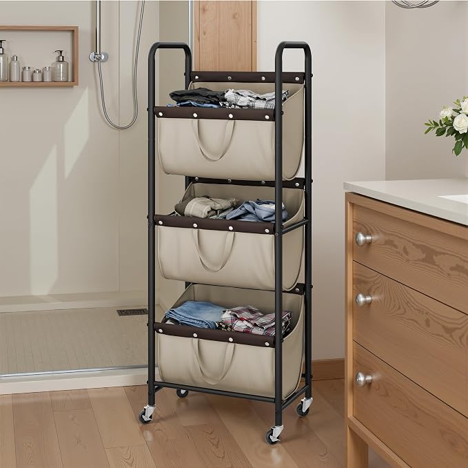 GRANNY SAYS 3 Tier Laundry Sorter, Laundry Basket with Wheels, Laundry Room Organization and Storage, 3 Section Rolling Laundry Cart for Dorm, Bathroom, Bedroom, Closet, Light Khaki - Image 7