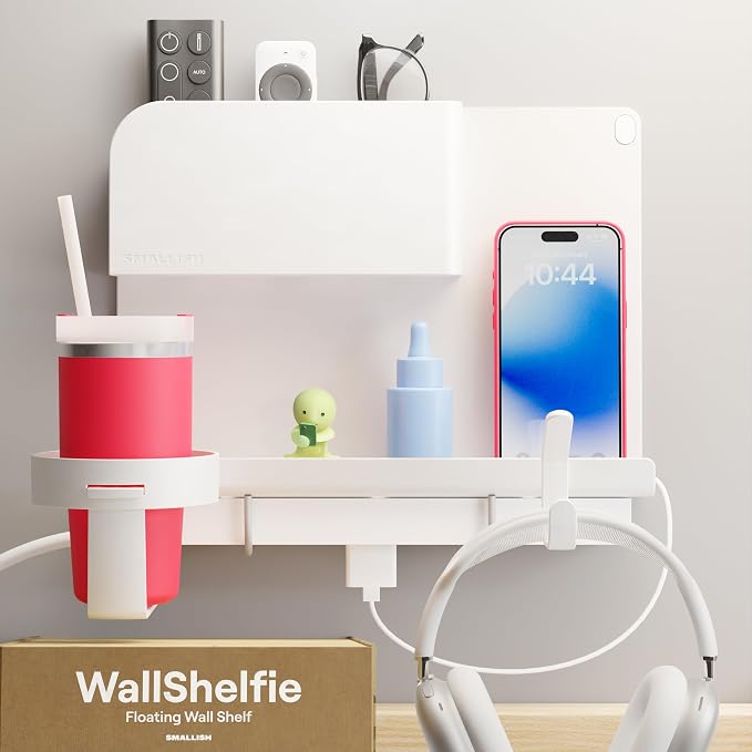 WallShelfie Bedside Wall Organizer & Dorm Decor - Dorm Room Essential, Floating Bedside Shelf Wall Mount Organizer, Remote Control Holder, Cool Teen Girls Trendy Stuff, Room Organization (White) by Smallish