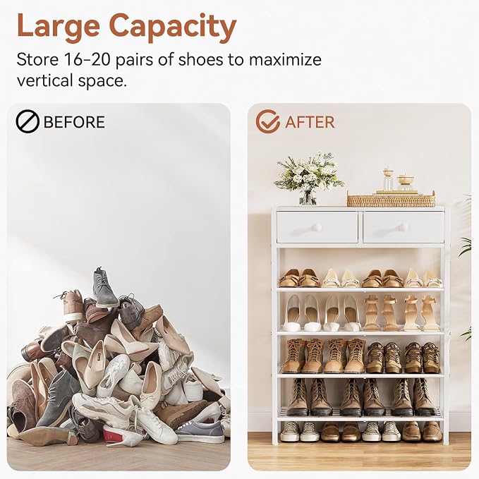 Shoe Rack for Entryway, 5 Tier Shoe Organizer with 2 Non-Woven Drawers, Metal Storage Shoe Shelf for 16-20 Pairs of Shoes, with Wooden Top and Steel Frame, Shoe Stand for Closet Greige - Image 9