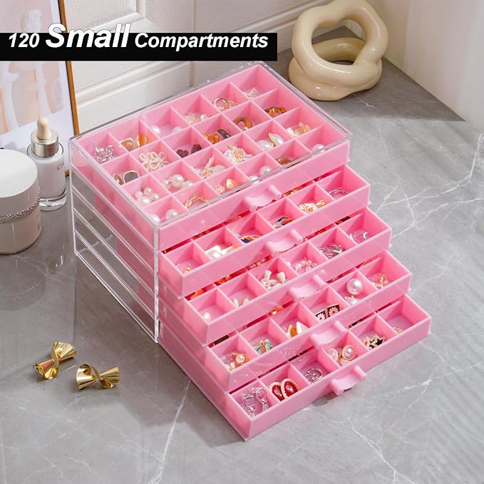 YUFONG Earring Storage Box Organizer, Acrylic Jewelry Storage Box Holder 5 Drawers Transparent Jewelry Display Stand with 120 Small Compartments Gift Boxes for Women Girls (Pink) - Image 2