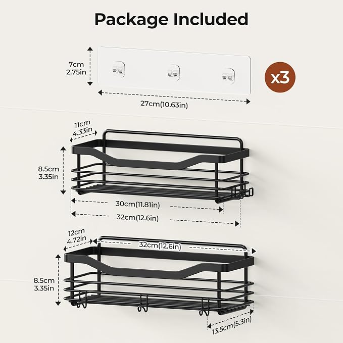 Orimade Adhesive Shower Caddy Shelf with 5 Hooks Organizer Storage Rack Rust Resistant Wall Mounted Stainless Steel No Drilling for Bathroom, Toilet, Kitchen - 2 Pack,Black - Image 3