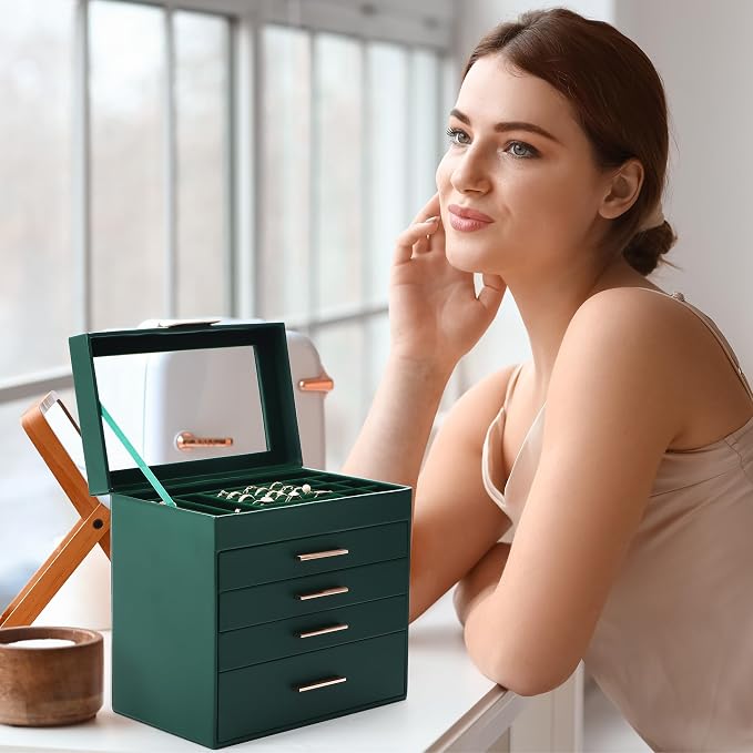 Somduy Jewelry Box, 5 Layers Jewelry Storage Display Box with Glass Lid for Women, 4 Drawers,Large Capacity for Necklace Earrings Bracelets Rings, Green - Image 7