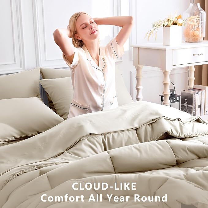 CozyLux Queen Comforter Set Oatmeal, 7 Pieces Bed in a Bag, Oatmeal Comforters Queen Size, All Season Bedding Sets with Stitch Quilted Comforter, Flat Sheet, Fitted Sheet, Pillowcases
