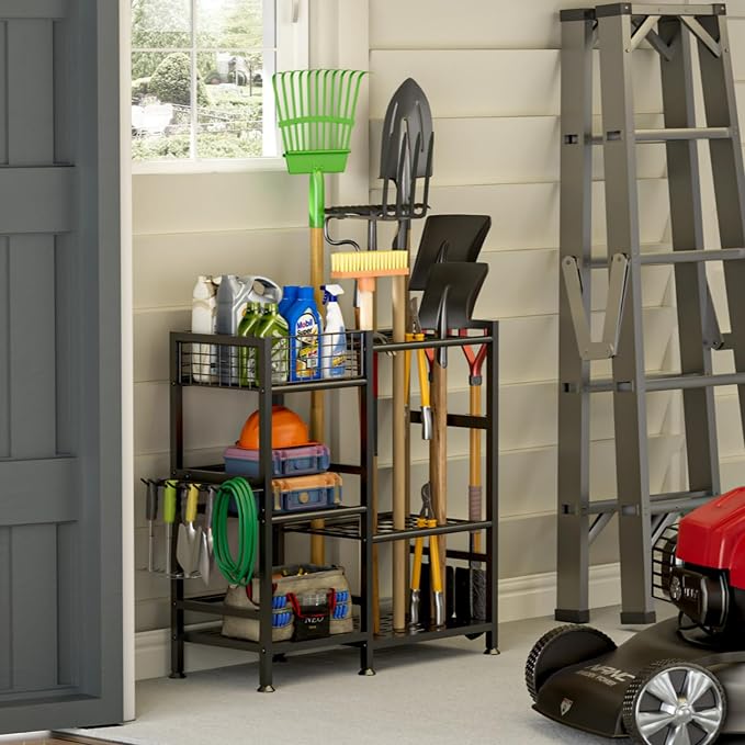 keomaisyto Garden Tool Organizer With Basket - 3 Tier Yard Storage Rack for Garage Organization, Heavy Duty Holder With 35 Long-Handled Slots for Shed, Yard, Garage - Image 6