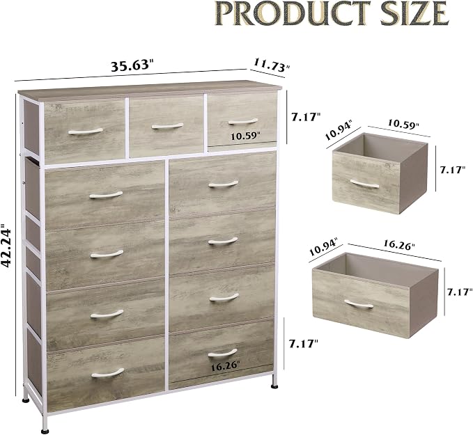 WLIVE Tall Dresser for Bedroom, Fabric Dressers Storage Tower, Dresser & Chest of Drawers Organizer Unit with 11 Drawers, Storage Cabinet, Hallway, Closets, Steel Frame, Wood Top, Greige - Image 3