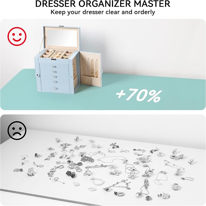 Frebeauty Large Jewelry Box,6-Tier PU Leather Jewelry Organizer,Multi-functional Storage Case with Mirror,Accessories Holder with 5 Drawers for Necklace Bracelets Watches(Sky Blue) - Image 6
