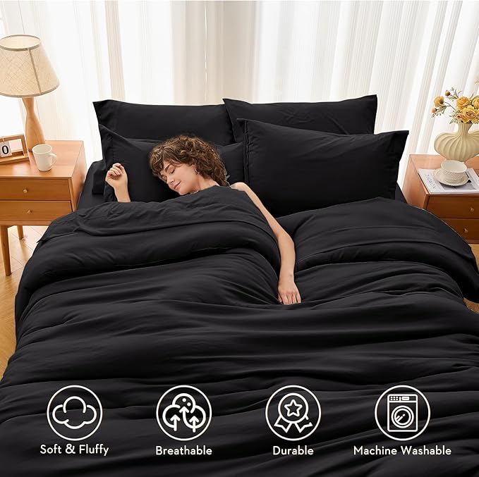 MUXHOMO 7 Pieces Queen Comforter Set, Soft Bed in a Bag Queen Size, All Season Bedding Set with Comforter, Flat Sheet, Fitted Sheet, Pillowcases & Shams, Black