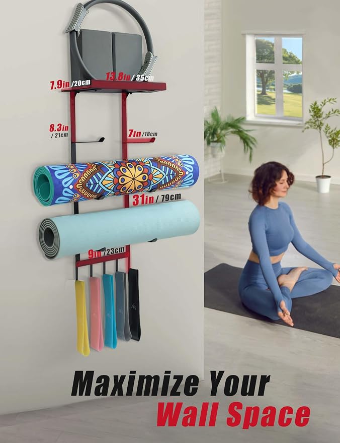 Yoga Mat Holder Wall Mount, Home Gym Storage Rack with Top Floating Shelf, 4-Tiers Holding Yoga Mat/ Blocks/ Rollers and Decorations, 5 Hooks for Resistance Bands, Skipping-Rope, Small Gym Equipment - Image 3