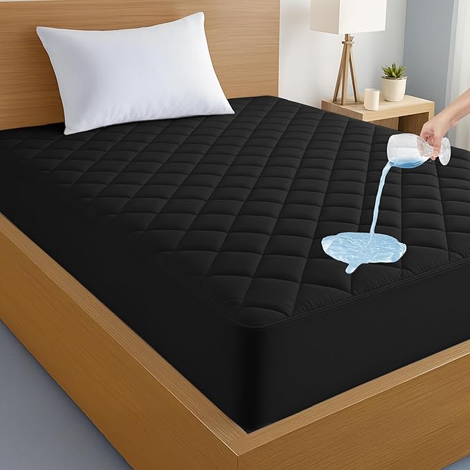 LUX Décor Twin XL Mattress Pad - Quilted Elastic Fitted Mattress Cover Protector Upto 16 Inches Deep Pocket - Soft Breathable Noiseless Mattress Topper (Black “39 X 80”)