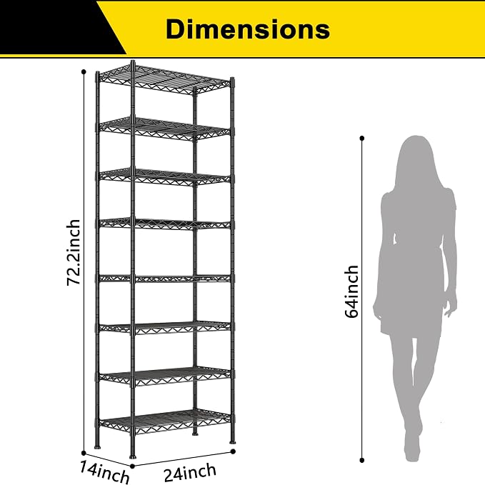 GIOTORENT 8-Wire Garage Shelving Storage Shelves, Kitchen Storage Adjustable Shelf, Metal Shelves 1600Lbs Capacity 24" Lx14 Wx72.2 H for Laundry Bathroom Pantry Closet, Black - Image 2