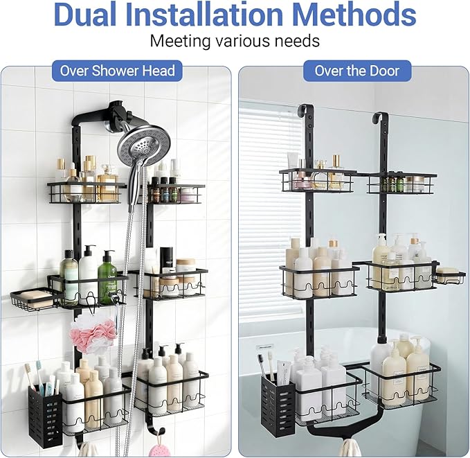 Extra Large Shower Caddy Hanging, Rust-Resistant Shower Organizer Hanging, 3 Tier Height-Adjustable Over the Head Caddy, Rack with Soap Basket (Black) - Image 3