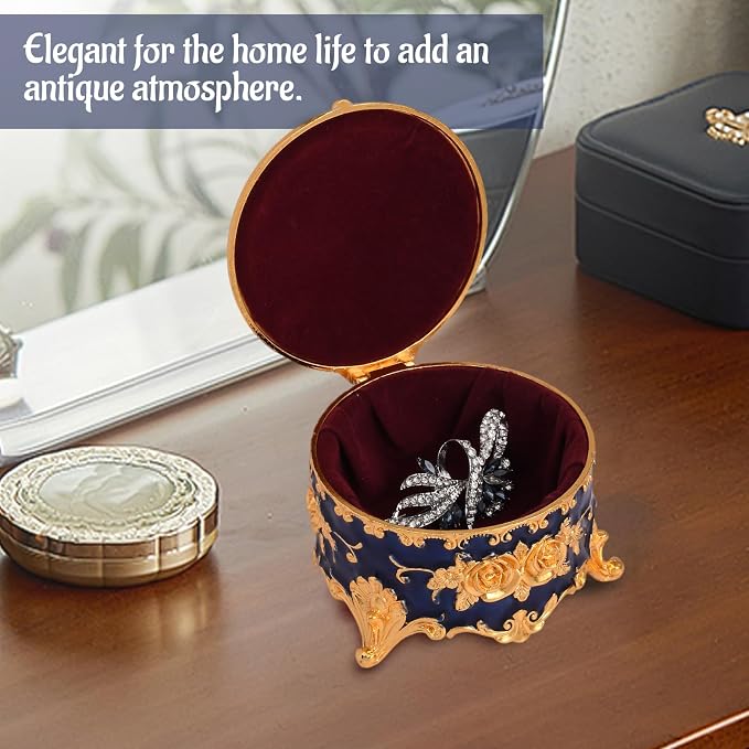 Vintage Jewelry Box, Gold Round Treasure Ring Box, Metal Trinket Organizer Keepsake Box Gift for Girl Women, Deep Blue - Image 7