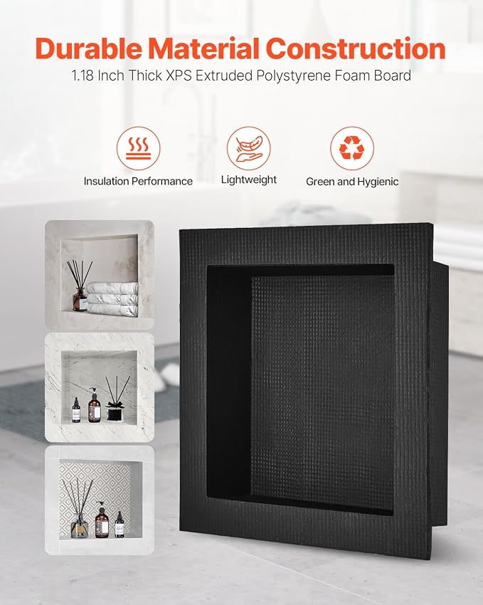 VEVOR Shower Niche,16-Inch Width x 16-Inch Height x 3.5-Inch Depth Single Shelf Organizer,Wall-Inserted Niche Recessed Sealed Protection Modern Soap Storage for Shower Bathroom,Black - Image 4
