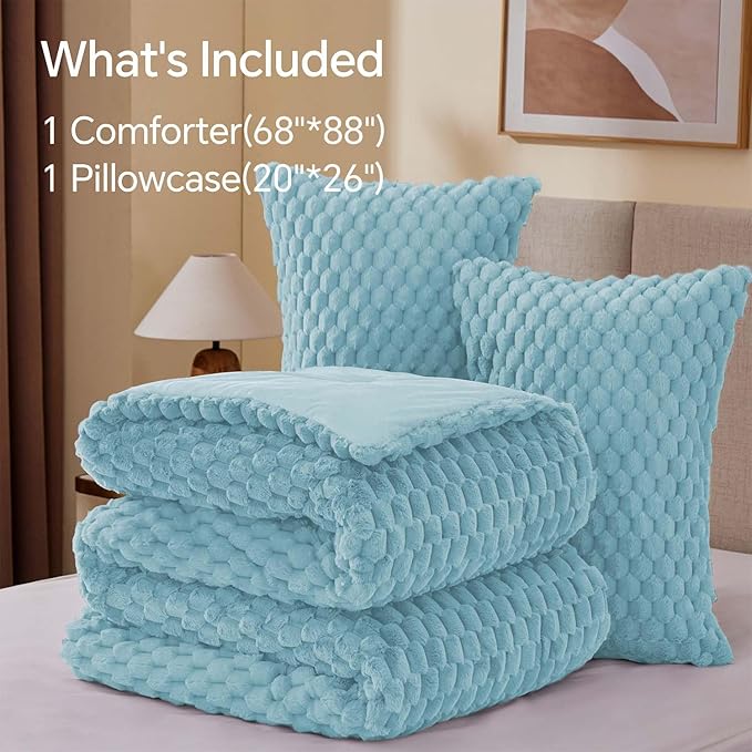 BEDELITE Fluffy Twin Comforter Set - Dusty Blue Fleece Soft Comforter for Twin Size Bed, Luxury Warm Bedding Set for Winter, Fuzzy Bed Set 2 Pieces (1 Comforter, 1 Pillowcase)