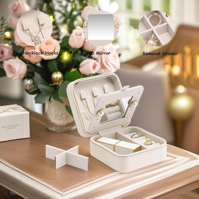 Vlando Small Travel Jewelry Box Organizer - Mirrored Carry-on Jewelries Necklaces Rings Earrings Necklace Storage Case, Beige - Image 3
